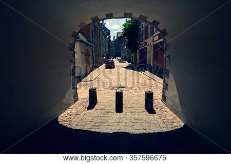 Old Swedish Gate In The Fortress Wall Of Old Riga On A Sunny Summer Day. Vecriga, Riga, Latvia