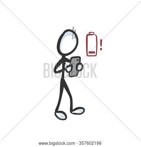 Man Panic Phone Battery Low. Battery Power Is Off. Power Charge Icon. No Charger. Hand Drawn. Stickm