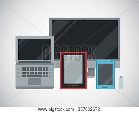 Computer Devices And Connected Mobile Communication High Tech Multimedia Vector Illustration. Transm