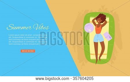 Summer Vibes Dark Skinned Girl Taking Sun Bath On Sea Beach Banner With Ocean Sand Holiday Elements 
