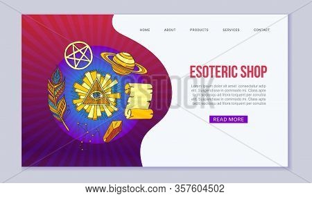 Esoteric Symbols And Occult Objects Web Vector Template. Cartoon Esotery Manuscript, Eye In Triangle