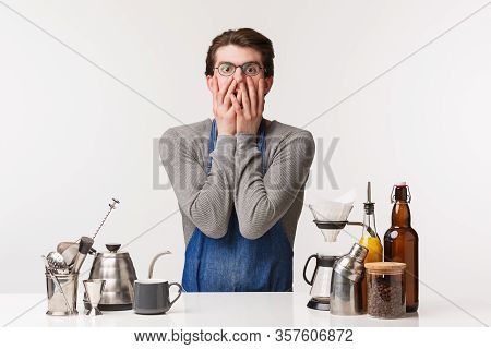 Barista, Cafe Worker And Bartender Concept. Portrait Of Shocked Speechless Young Nervous Guy First D