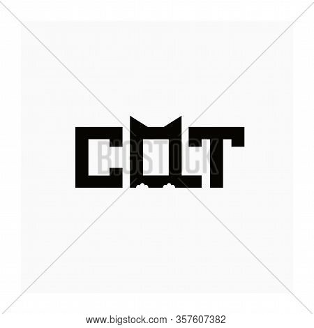 Black Logo Of Cat. Word Containing Symbol Of Cat With Ears And Tail. Vector Illustration, Abstract I