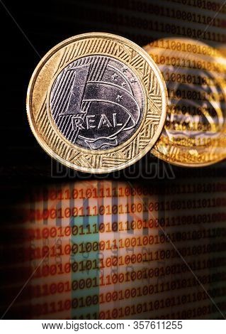 Currency Of Brazil, A Brazilian Real. Background Image With Charts, Brazil Stock Market Concept, Sto
