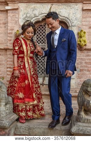 Wedding Couple With Traditional Clothes At Bhaktapur On Nepal