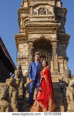 Wedding Couple With Traditional Clothes At Bhaktapur On Nepal