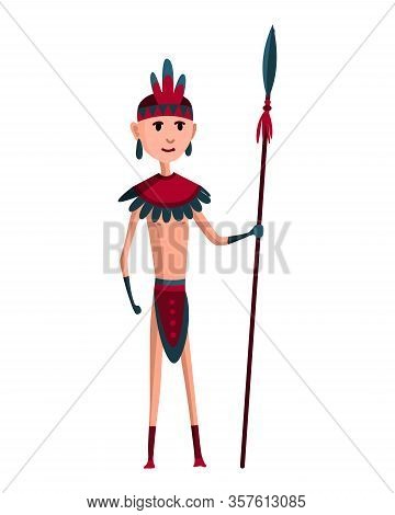 Native American Tribe Member In Traditional Indian Clothing With Weapons. Cartoon Dressed Woman In I