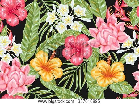Seamless Pattern With Tropical Flowers And Leaves. Decorative Exotic Foliage, Palms And Plants.