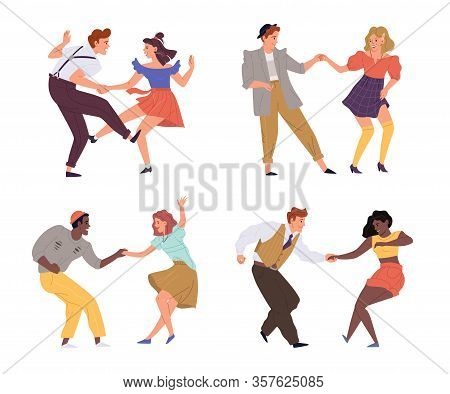 Vector Illustration Of Couples Dancing Twist 1950s, 1960s, 1970s Set. Young Man And Woman Dance On R