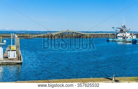 A View Of The Walking Brdige At The Westport Marina In Washington State.