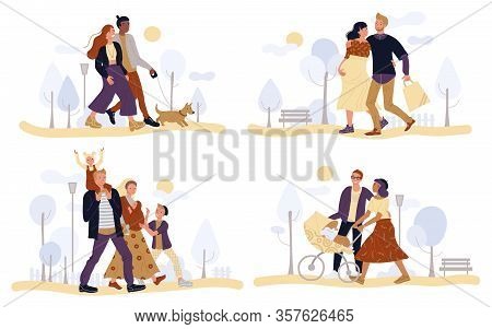 Vector Happy Couple Walks Park Set. Pair Woman And Man Walking Dog. Pregnant Mom And Young Dad Outdo