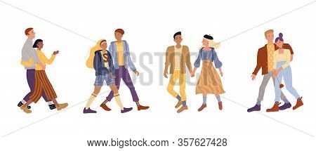 Vector Illustration Of Active Romantic Couples Set. Young Woman And Man Walking Together On Date, Ho