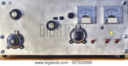 Front Panel Of A High Frequency Power Amplifier With Vacuum Tubes Close Up View