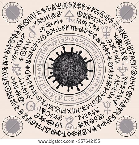 Vector Banner With Virus Cells And Magic Runes. A Hand-drawn Mandala With Dangerous Covid-19 Virions