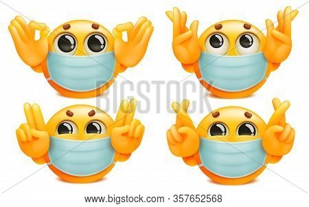 Set Of Yellow Emoj Cartoon Characters In Medical Mask. Various Gestures. Vector Illustration