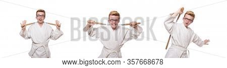 Funny karate fighter with nunchucks on white