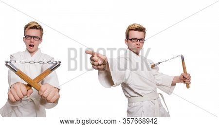 Funny karate fighter with nunchucks on white