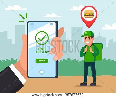 Courier Delivers Fast Food To A Customer. Man Holds A Mobile Phone And Tracks Delivery. Flat Vector 