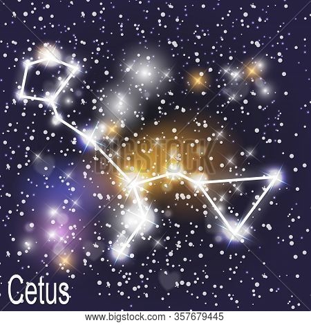 Cetus Constellation With Beautiful Bright Stars On The Background Of Cosmic Sky. Vector Illustration