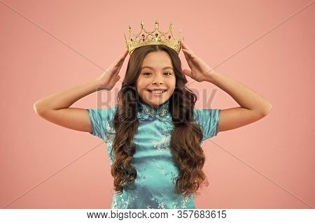 Pageant Queen. Happy Kid Chinese Dress Wear Crown. Portrait Of Pride. Japanese Kimono. Child Nationa