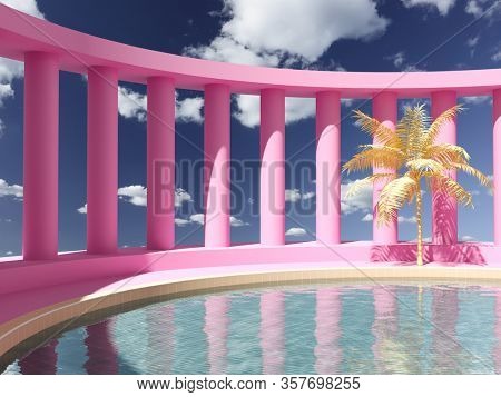 Swimming pool in hall with columns, conceptual art in bright colors, 3D illustration, rendering.
