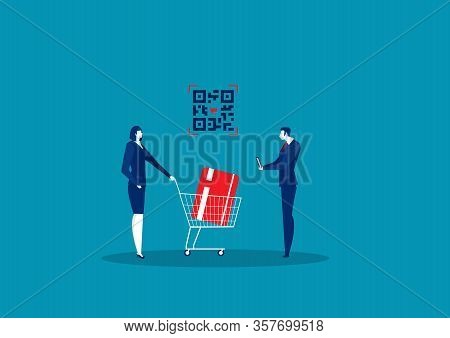 Business Woman Shopping By Card With Scan Qr Code Concept Vector Illustrator.
