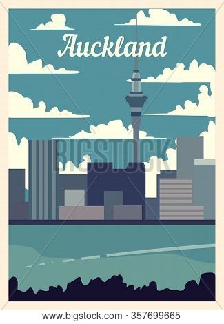 Retro Poster Auckland City Skyline. Vintage Vector Illustration.