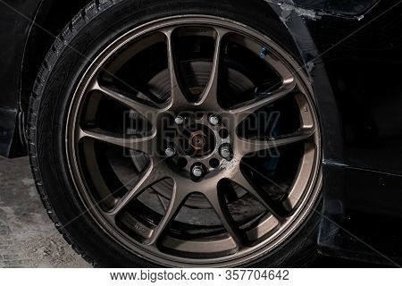 Honda Accord- Car Wheel With Alloy Wheel And New Rubber On A Car Closeup. Wheel Tuning Disck. Novosi