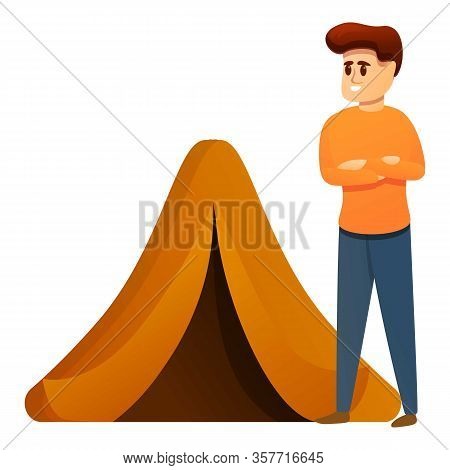 Tourist Man Near Tent Icon. Cartoon Of Tourist Man Near Tent Vector Icon For Web Design Isolated On 