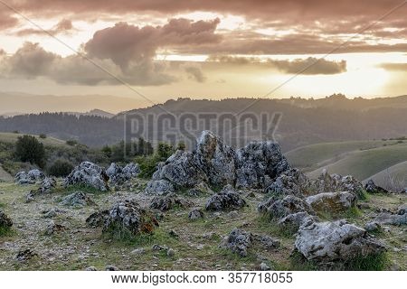 Sunset Views Of Santa Cruz Mountains From Black Mountain. Monte Bello Open Space Preserve, Los Altos