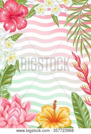Background With Tropical Flowers And Leaves. Decorative Exotic Foliage, Palms And Plants.