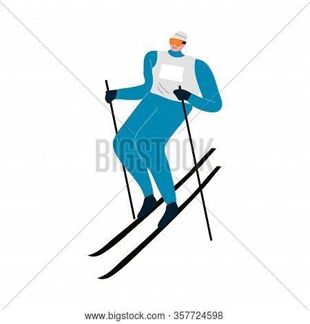 Man In Blue Winter Suit Skiing Fast Down The Mountain. Vector Illustration In The Flat Cartoon Style