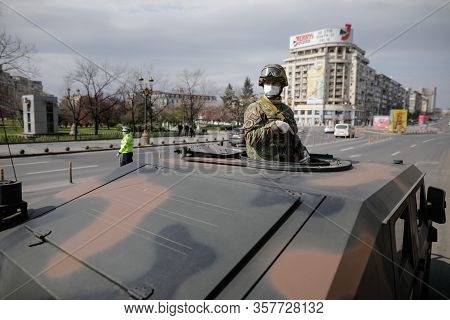 Bucharest, Romania - March 25, 2020: Romanian Army Was Called To Assist The Police In Enforcing A Fu