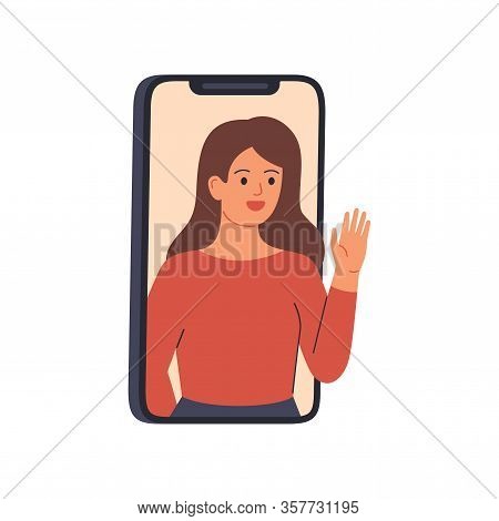 Young Woman Speaks From A Smartphone Display. Happy Girl On The Phone Is Having A Remote Conversatio