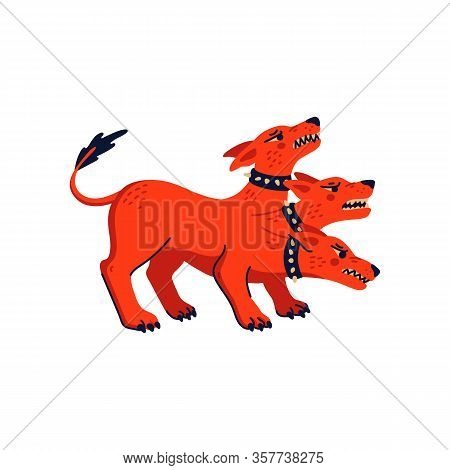 Magical Creatures Set. Mythological Animal - Cerberus. Flat Style Vector Illustration Isolated On Wh