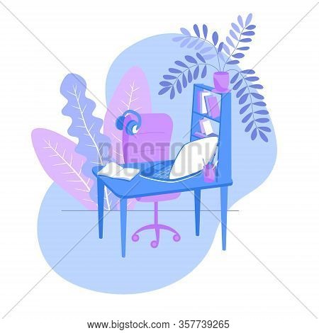 Home Workplace: Desk, Laptop, Office Chair, Headphones. The Concept Of Home Online Education, Work F