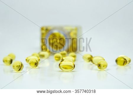 Fish Oil Softgel Golden Capsules Isolated On White Background