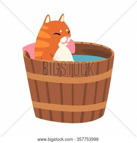 Red Cat Taking Japanese Hot Spring Bath, Funny Pet Animal Enjoying Spa Procedure In Wooden Barrel Ve