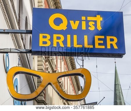 Aarhus, Denmark - 24 March 2020: The Logo Of The Qvist Briller Building In Aarhus.