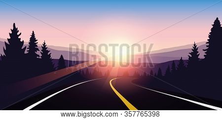 Asphalt Highway In A Forest At Sunrise Purple Travel Landscape Vector Illustration Eps10