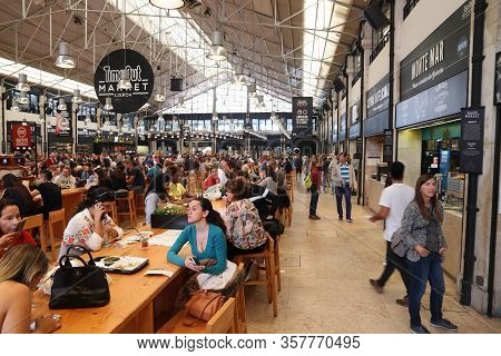 Lisbon, Portugal - June 6, 2018: People Eat At Timeout Market In Lisbon, Portugal. Timeout Market Is
