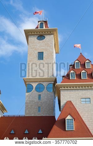 Decorative Tower Main Tower, Exterior Of The New Dreamisland In Moscow. The Architecture Of A Modern