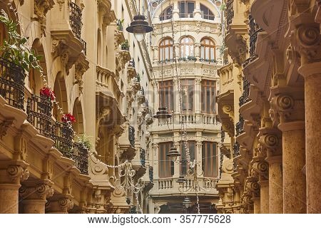 Classic Historical Antique Buildings Facades Passageway In Albacete. Spain