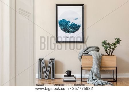 Modern Scandinavian Living Room Interior With Black Mock Up Poster Frame, Design Commode And Elegant