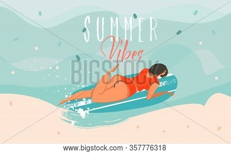 Hand Drawn Vector Stock Abstract Graphic Illustration With A Swimming Surfer Girl In Ocean Waves Lan