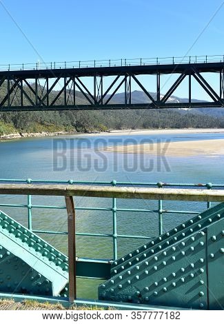 Beach With Forest And Two Train Bridges Over Sor Coastal River. O Barqueiro, A Coruña Province, Gali