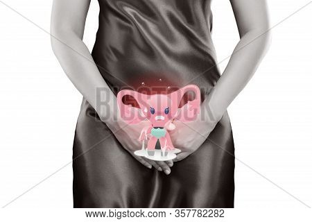 The Cartoon Of Uterus Is On The Woman's Body. Endometrium Illustration. Health Concept Isolate On Wh
