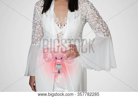 The Cartoon Of Uterus Is On The Woman's Body. Endometrium Illustration. Health Concept Isolate On Wh