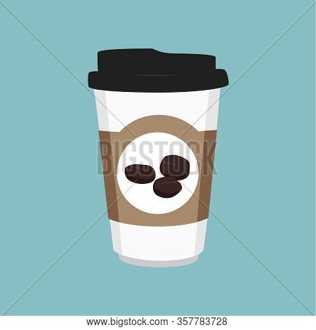 Vector Illustration Disposable Coffee Cup Icon With Coffee Beans On Blue Background. Coffee Cup Logo