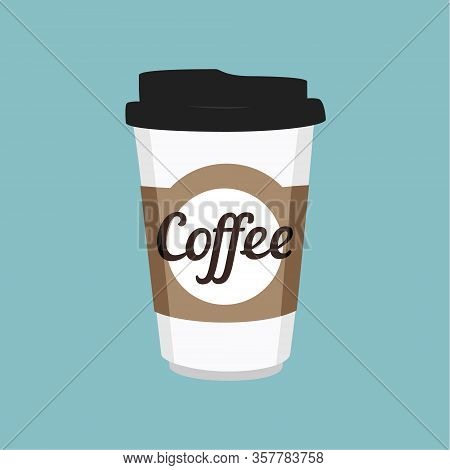 Vector Illustration Disposable Coffee Cup Icon On Blue Background. Coffee Cup Logo